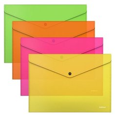 Папка-конверт на кнопке А4, 180 мкм, ErichKrause Glossy Neon, полупрозрачная, до 120 листов, микс