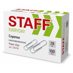 Скрепки STAFF "EVERYDAY", 28 мм, никелированные, 100 шт, в картонной коробке, 226758