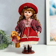 Кукла коллекционная керамика "Элла в бордовом платье, шляпе и с мишкой" 30 см Сима ленд