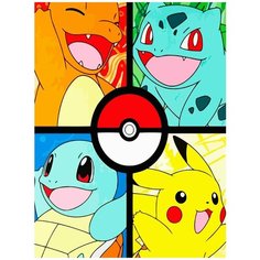 Картина по номерам на холсте Аниме Покемоны (Пикачу, Эш, Сквиртл, Бульбазавр, Чармандер) - 7551 В 30x40