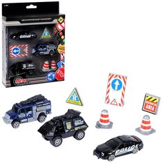 Набор металлических машинок ТМ AUTODRIVE с дорожными знаками, 3 машинки, Полиция, спецтранспорт, для детей, для мальчиков, М1:64, черный