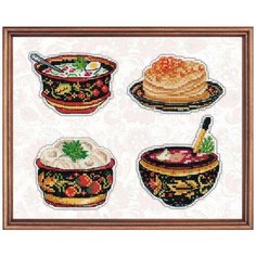 Набор для вышивания Овен 1081 Русская кухня, 9х6 см- окрошка, 9х6 см- блины, 8х7 см- пельмени, 8х9 см- борщ