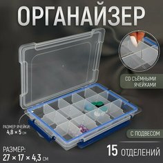 Органайзер для рукоделия, со съёмными ячейками, с подвесом, 15 отделений, 27 × 1 × 4,3 см, цвет прозрачный/синий ТероПром