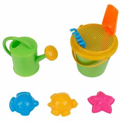 Набор для песка ТРИ совы "Морской", 8 предметов, ведро, лейка, сито, грабли, совок, 3 формочки (ПИО 008)