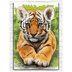 Картина по номерам на холсте маленький тигрёнок на лугу (тигр, кошка) - 9377 В 60x40
