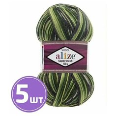 Пряжа для вязания крючком, спицами Alize Ализе Superwash100, тонкая/шерсть/полиамид, цвет 2696, фисташково-зелено-серый, 5 шт. по 100 г, 420 м