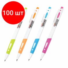 Комплект 100 шт, Ручка шариковая автоматическая с грипом STAFF "BP-16 White", синяя, ассорти, линия письма 0.35 мм, 143749