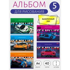 Альбом для рисования 5 шт. ассорти 40 л. "SVETOCH" "Класс" А4 на скобе, выборочный лак, 100 г/м2, 29 х 20.5 см Берегись автомобиля