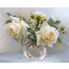Алмазная мозаика на подрамнике 40x50 Белые розы в вазе Kolibriki