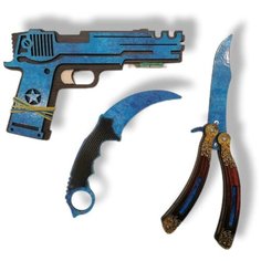 Набор деревянного оружия КС ГО волны сапфир / Детский набор CS GO 3 предмета / Керамбит/ Нож бабочка/ Резинкострел/ Подарочный набор Нет бренда