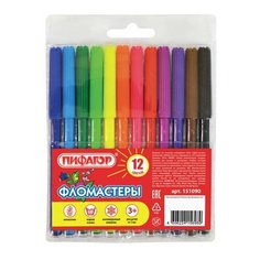 Набор фломастеров 12 цветов Пифагор (линия 1мм, вентилируемый колпачок) пластиковая упаковка (151090), 24 уп.