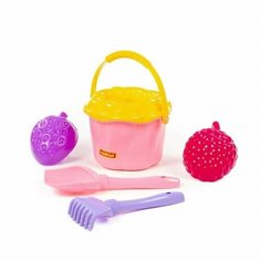 Песочный набор №662: ведро-цветок среднее, сито-цветок среднее, лопатка, грабельки, 2 формочки, Китай