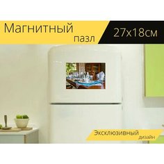Магнитный пазл "Столовая, древесина, тонкий фарфор" на холодильник 27 x 18 см. Lots Prints