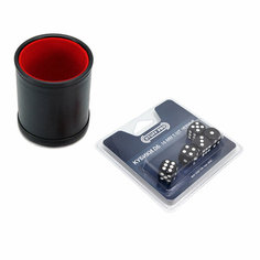 Набор Stuff-Pro: Шейкер для кубиков кожаный с крышкой, красный + кубики D6, 16 мм, 5 шт, чёрные