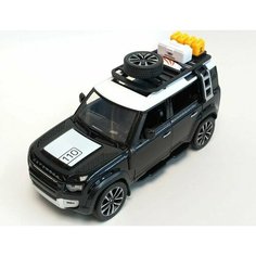 Машинка металлическая инерционная Land Rover Defender 1:24, свет, звук, клаксон, цвет черный XLG