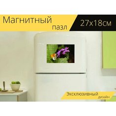 Магнитный пазл "Бабочка, оранжевая, цвести" на холодильник 27 x 18 см. Lots Prints