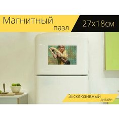 Магнитный пазл "Питон, дрессировщик, змеи" на холодильник 27 x 18 см. Lots Prints