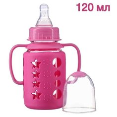 Бутылочка в силиконовом чехле, с ручками, стекло, 120 мл, цвет розовый Mum&Baby