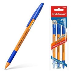 Набор ручек шариковых 3 штуки R-301 Orange Stick & Grip, узел 0.7 мм, чернила синие, резиновый упор, длина линии письма 1000 метров, европодвес Erich Krause