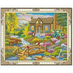 Алмазная мозаика "Домик в лесу", камни разных форм, 40х50 см (с подрамником, с полным заполнением) Рыжий кот