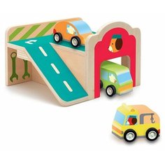 DJECO Конструктор деревянный гараж, голубой/розовый/зеленый/оранжевый