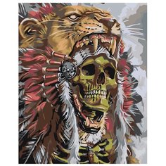 Картина по номерам, "Живопись по номерам", 72 x 90, CP09, индеец, голова, тигр, череп, перья, кости, маска, готика