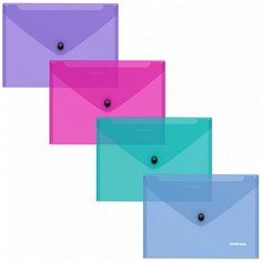 ErichKrause Папка-конверт на кнопке, пластиковая, ErichKrause Vivid, полупрозрачная, C6, ассорти