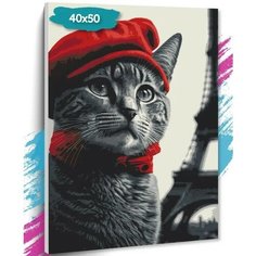Картина по номерам "Кот в Париже", Холст на подрамнике, 40х50 см, Набор для творчества, Рисование, 40х50 см, Живопись "ТТ" tt