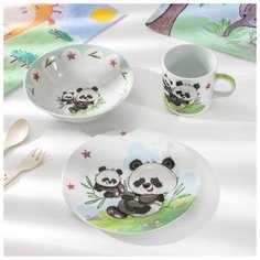 Набор детской посуды Доляна «Семья пандочек», 3 предмета: кружка 230 мл, миска 400 мл, тарелка 18 см