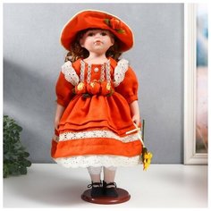 Кукла коллекционная керамика "Вера в ярко-оранжевом платье и шляпе с розами" 40 см Noname