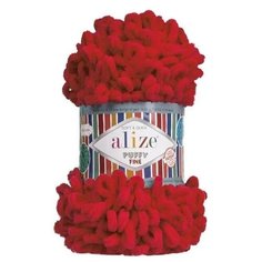 Пряжа плюшевая Alize Puffy Fine (Пуффи Файн) - 2 мотка 56 красный, для вязания рукми, маленькие петельки (2см), 100г 14м