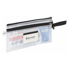 Папка-конверт на молнии Brauberg Solid (евро, 255х130мм, 300мкм, ПВХ/сетка, 2 отделения) прозрачная (223891), 12шт.