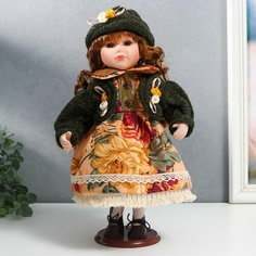 Кукла коллекционная керамика "Алёна в платье с цветами, в зелёной шапке и джемпере" 30 см Сима ленд