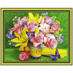 Алмазная мозаика на холсте с подрамником (картина круглыми стразами) 40х50 Букет лилий и роз с бабочкой