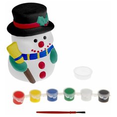 Роспись по керамике копилка для денег, монет, купюр Снеговик с метлой краски 6 цветов по 3 мл, кисть