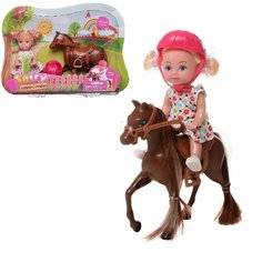 Игровой набор Кукла Defa Sairy Малышка-наездница, коричневая лошадка, шлем, высота куклы 11 см 8390d/коричневая