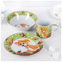 Доляна Набор детской посуды Доляна "Щенок", 3 предмета: кружка 230 мл, миска 400 мл, тарелка 18 см