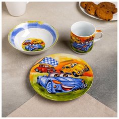 Доляна Набор детской посуды Доляна "Гонки", 3 предмета: кружка 230 мл, миска 400 мл, тарелка 18 см