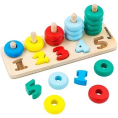 Alatoys Пирамидка «Счёты» основание, 5 съёмных цифр, 15 деталей, 21 × 7.5 × 7.3 см