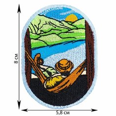 Нашивка, шеврон, патч (patch) на липучке На гамаке с видом на озеро, размер 8*5,8 см, 1 шт. Rocknrolla