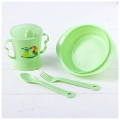 Набор детской посуды, 4 предмета: миска, ложка, вилка, поильник с твёрдым носиком 200 мл, цвета сюрприз Крошка Я
