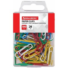 Скрепки BRAUBERG, 28 мм, цветные, 100 шт, в пластиковой коробке, 221111 Комплект : 3 шт .