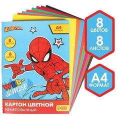 Картон цветной немелованный, А4, 8 л. 8 цв, Человек-паук Marvel