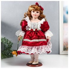 Кукла коллекционная керамика "Наташа в бордовом платье с рюшами, с бантом в волосах" 40 см Noname