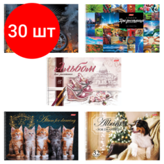 Комплект 30 шт, Альбом для рисования, А4, 32 листа, спираль, обложка картон, HATBER, 205х300 мм, "Ассорти", 32А4Всп, A274705
