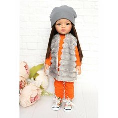 Комплект одежды и обуви для кукол Paola Reina 32-34 см (спорт. костюм+жилет+шапка+кеды), оранжевый, серый, цветочный принт Favoridolls