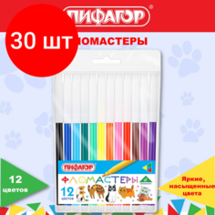 Комплект 30 шт, Фломастеры пифагор "веселые питомцы", 12 цветов, невентилируемый колпачок, 152452