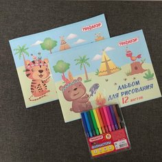 Альбом для рисования, фломастеры Пифагор