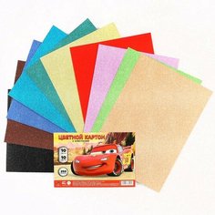 Картон цветной, с блёстками, 10 листов, 10 цветов, 250 грамм, А4, Тачки Disney
