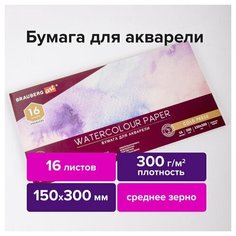 Альбом для акварели, бумага 300 г/м2, 150х300 мм, среднее зерно, 16 листов, склейка, BRAUBERG ART PREMIERE, 113218